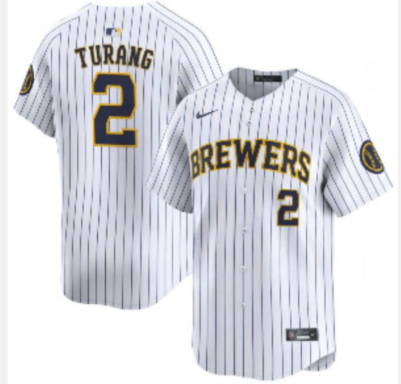 Men 2025 Milwaukee Brewers #2 Turang White Stripe 2025 Nike MLB Jersey 013